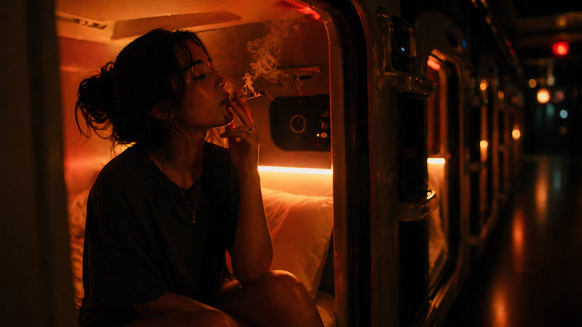 Woman relaxing in capsule pod smoking joint, moody amber light, city night