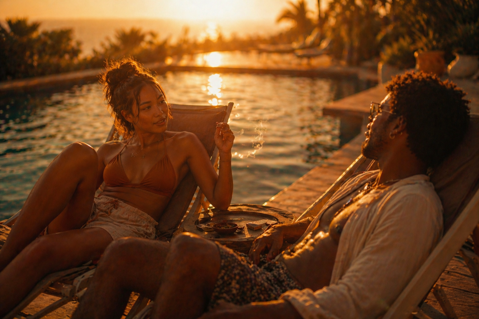 Friends lounging on deck chairs by pool, hazy golden hour conversation