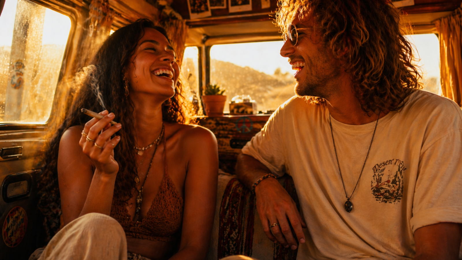Two friends laughing inside vintage van, holding joint, warm sunset light