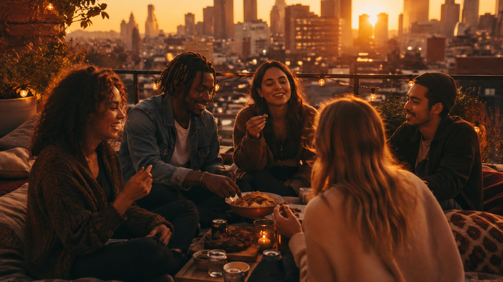 Group of friends sharing snacks on rooftop with city skyline