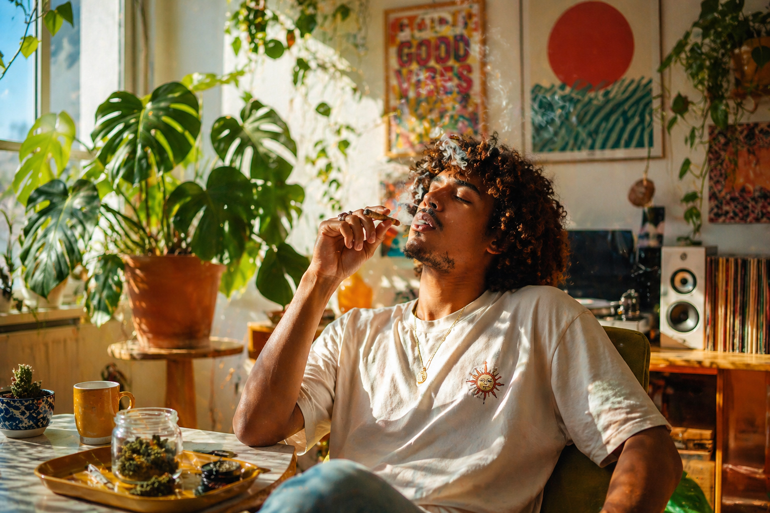 Man smoking weed in leafy apartment with golden hour light and shadows