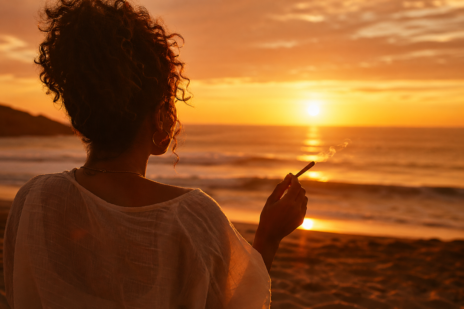 Person holding cannabis joint watching sunset over ocean beach waves