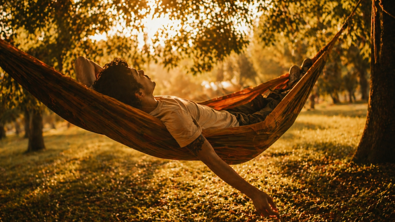 Solo person relaxing in hammock holding joint under golden hour trees