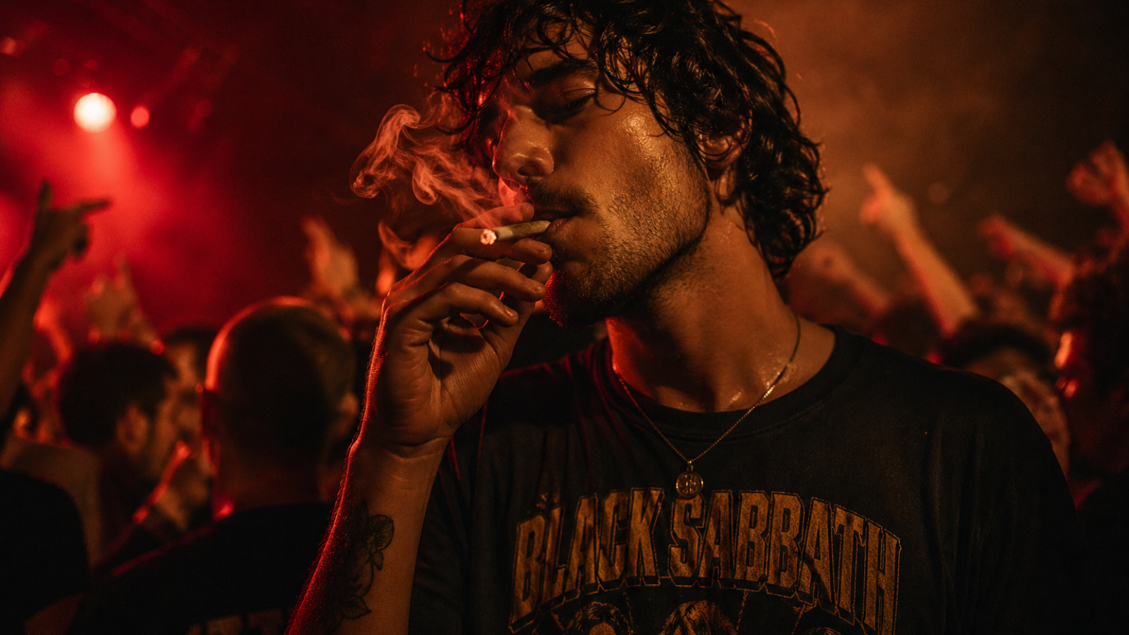 Urban nightlife scene with man smoking joint, crowd hands blurred background