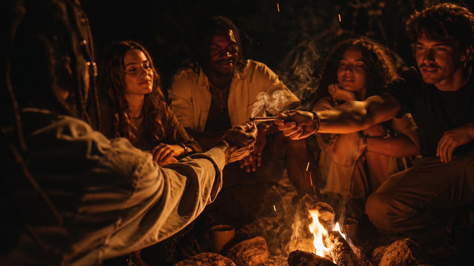 Group of friends sharing cannabis joint by bonfire at night, glowing flames