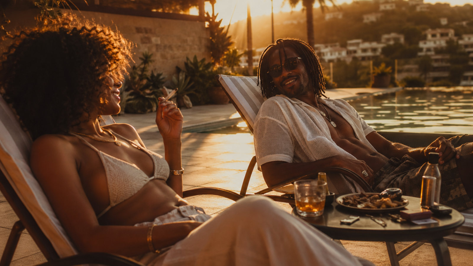 Two friends lounging by pool smoking weed during golden hour evening