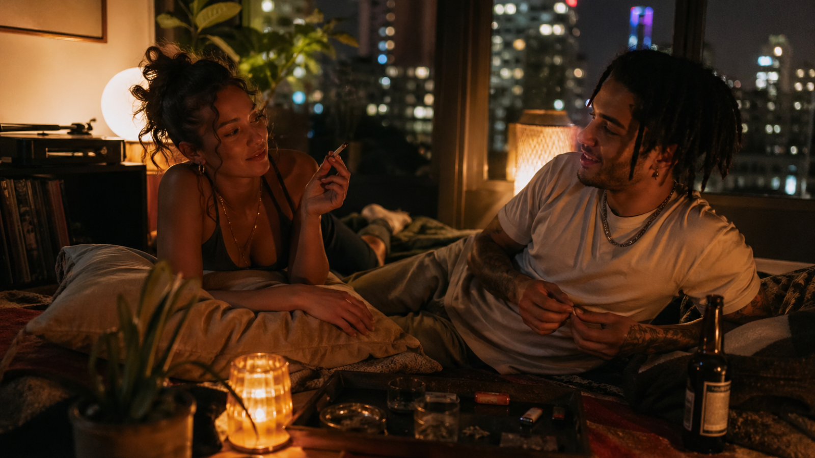 Two friends relaxing on floor cushions in cozy city apartment at night