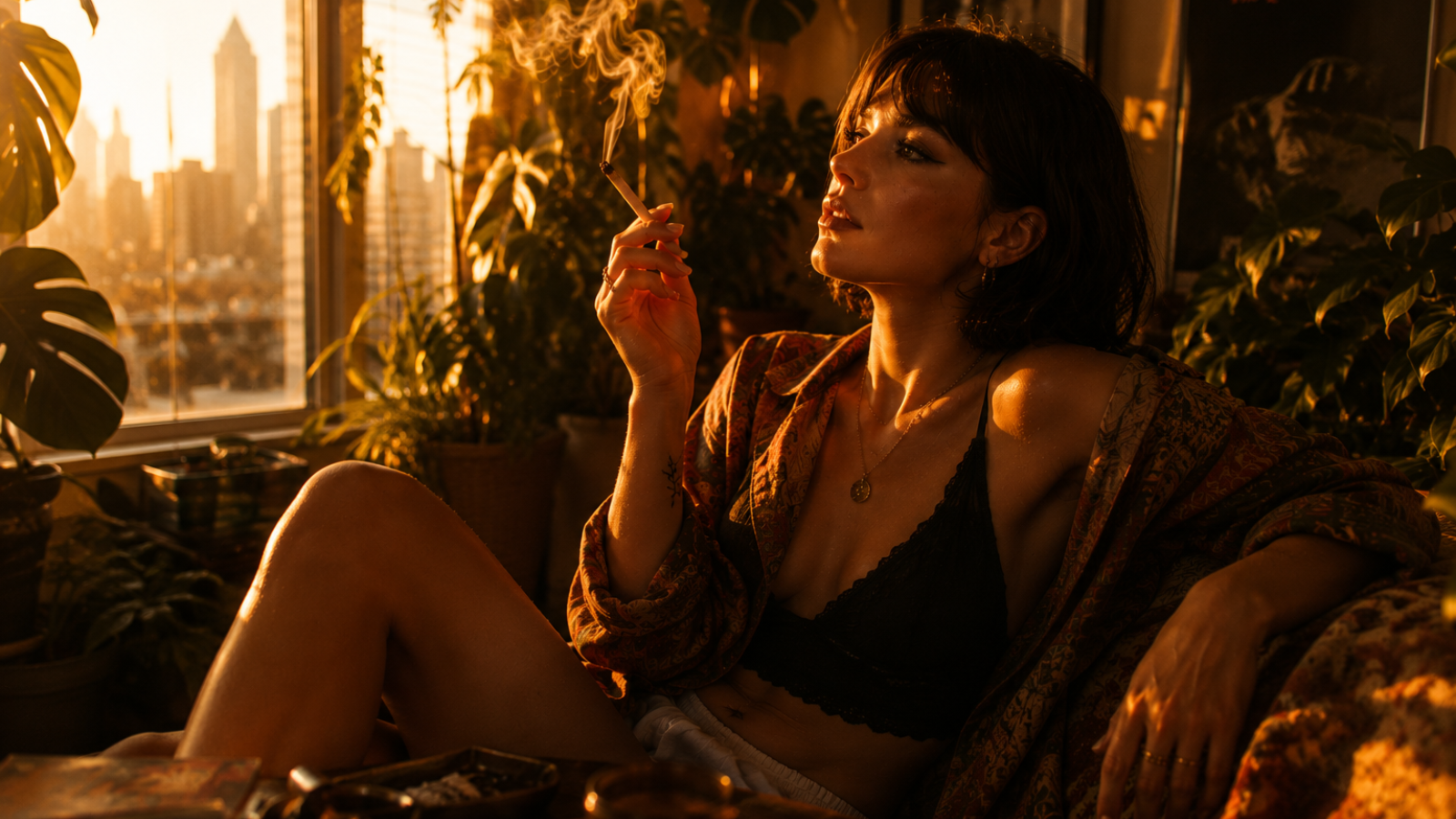Woman smoking joint in plant-filled apartment during warm golden hour lighting