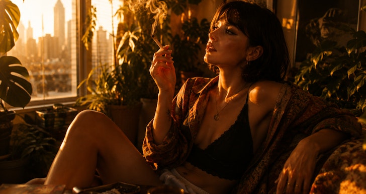 Woman smoking joint in plant-filled apartment during warm golden hour lighting