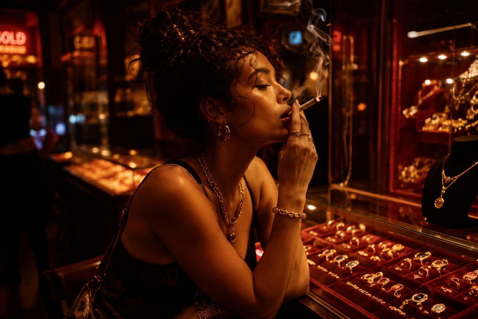 Cannabis smoker browsing sparkling jewelry displays under warm amber boutique lighting