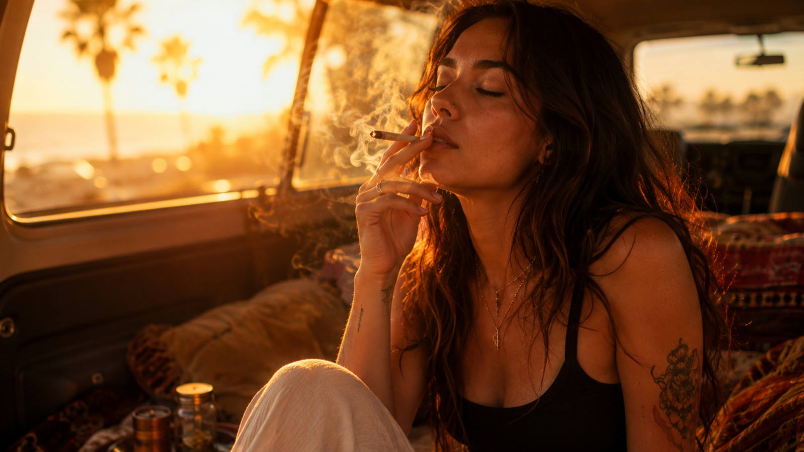Woman smoking joint inside vintage van during golden hour beach sunset
