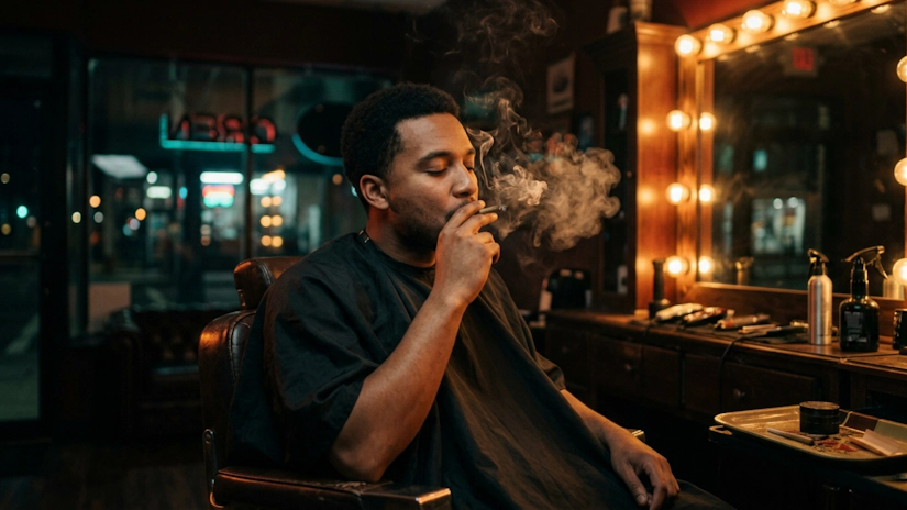 Single man enjoying a joint in an atmospheric barbershop under warm lighting.