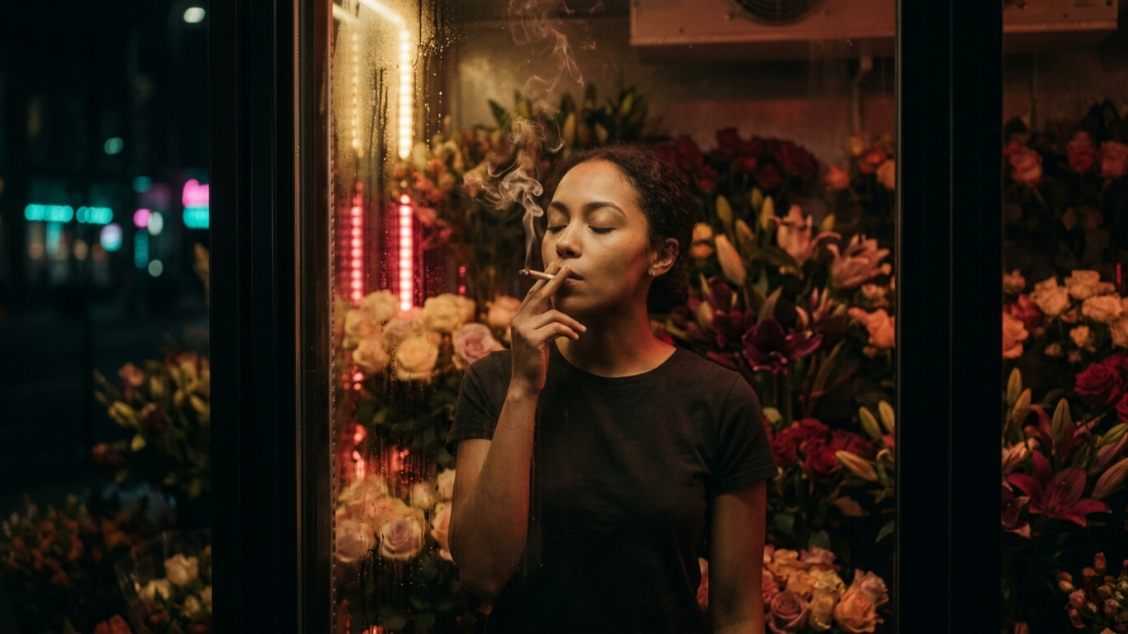 Woman smoking a joint in a dark, floral cooler under warm amber lighting.