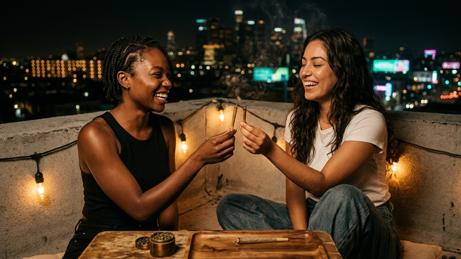Candid moment of two women with lit pre-rolls, warm lights, and city views.