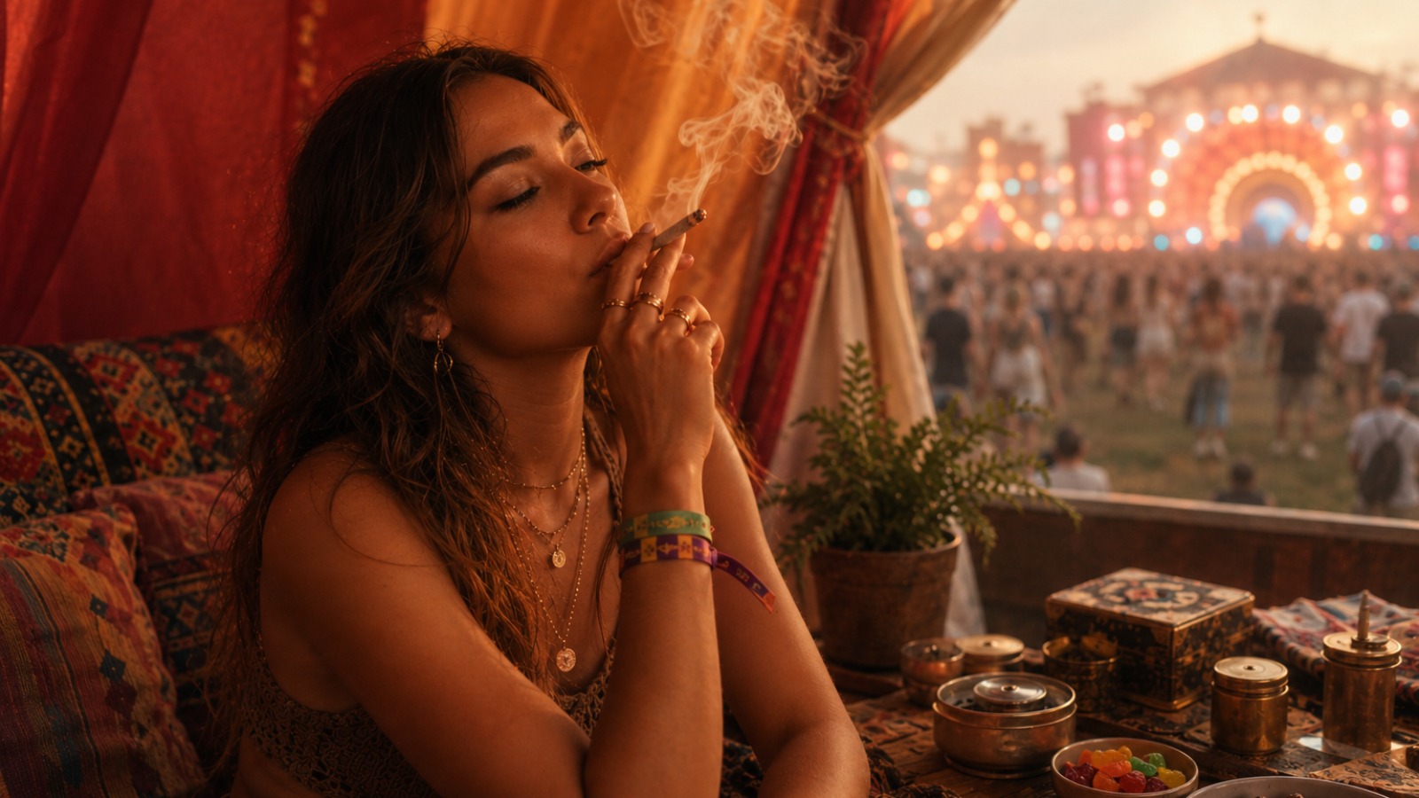 Woman smoking joint inside festival tent with glowing stage lights background