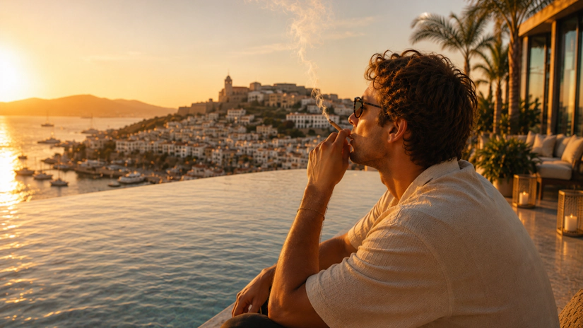 Young man relaxing poolside with cannabis overlooking the harbor at sunset