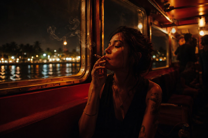 Woman smoking joint inside ferry cabin with glowing harbor lights reflections