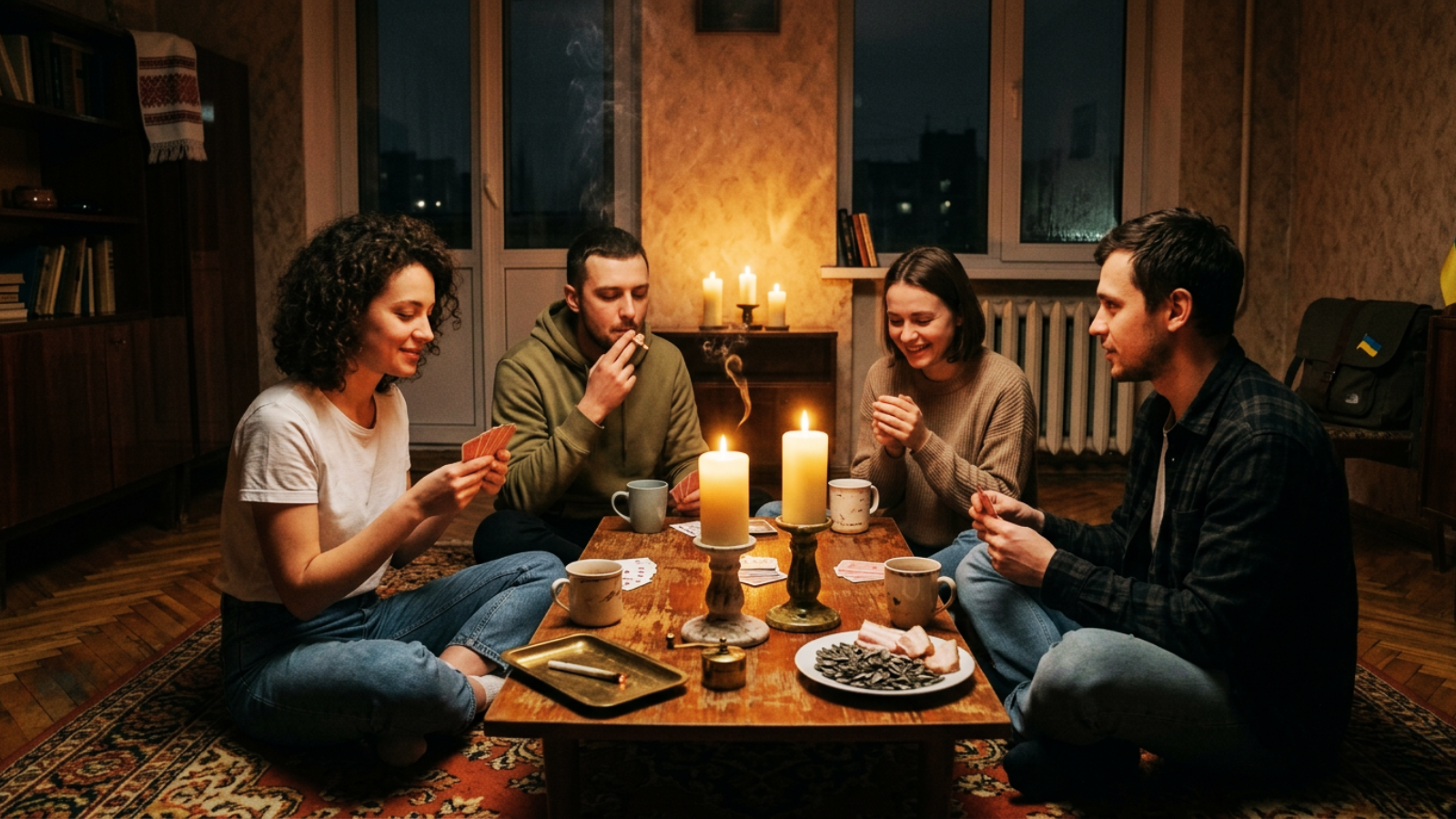 Intimate group of four playing cards and smoking a joint by candlelight