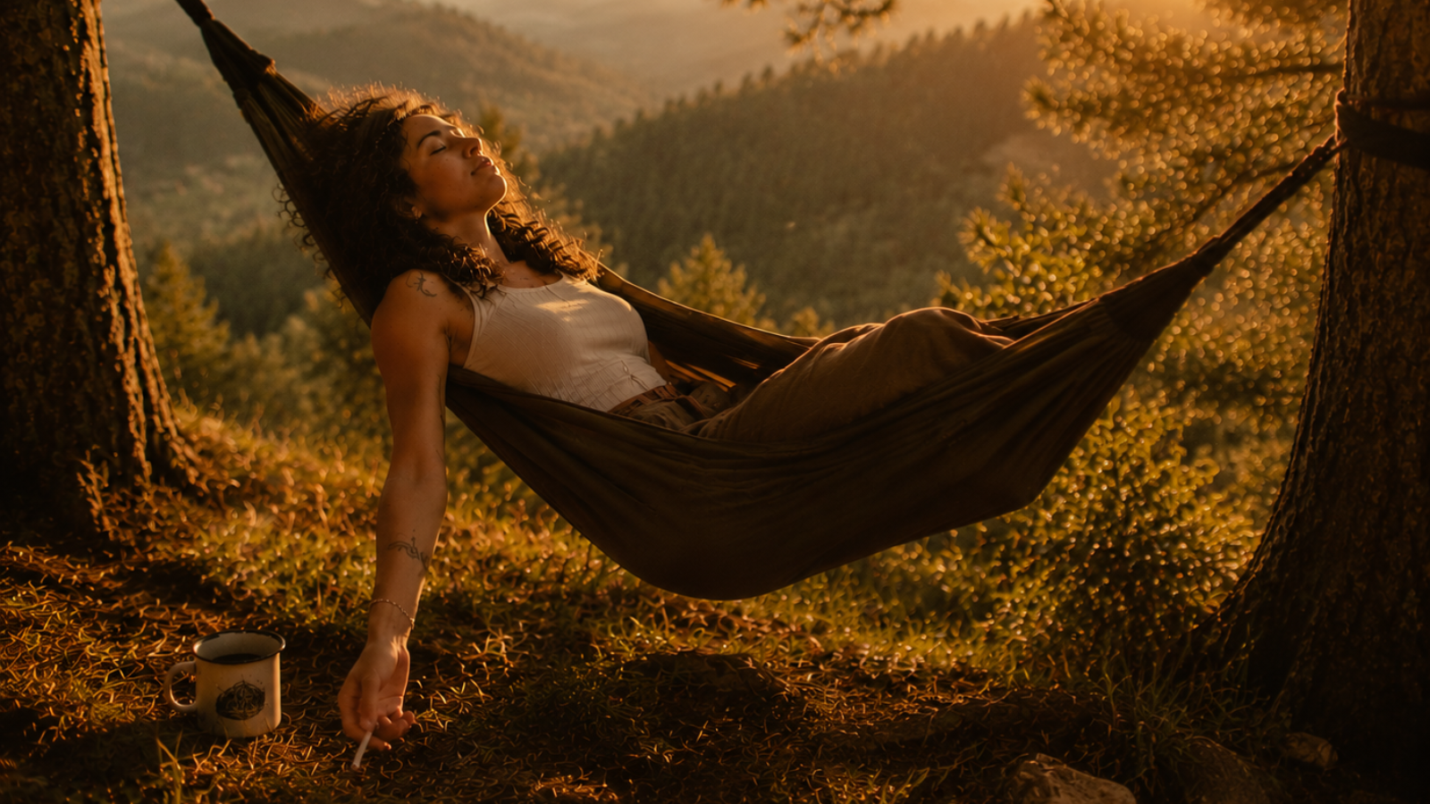 Woman smoking in hammock, surrounded by mountains and sunset glow