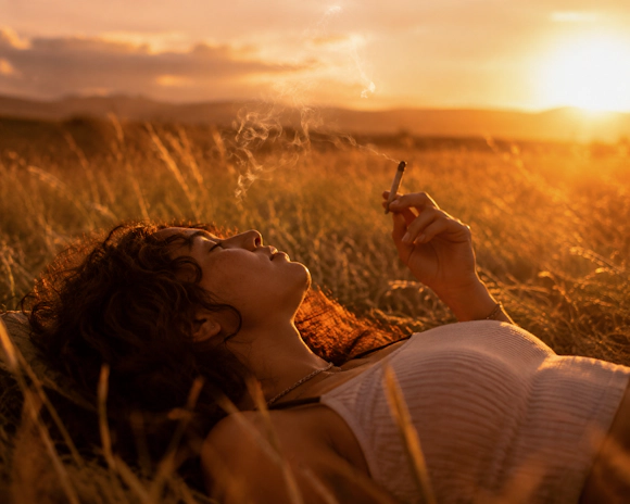 Young woman relaxing in grass, holding cigarette at golden hour sunset