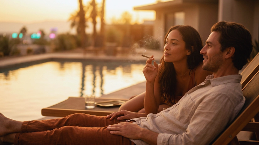 Couple in casual summer style, chatting by the pool during golden hour