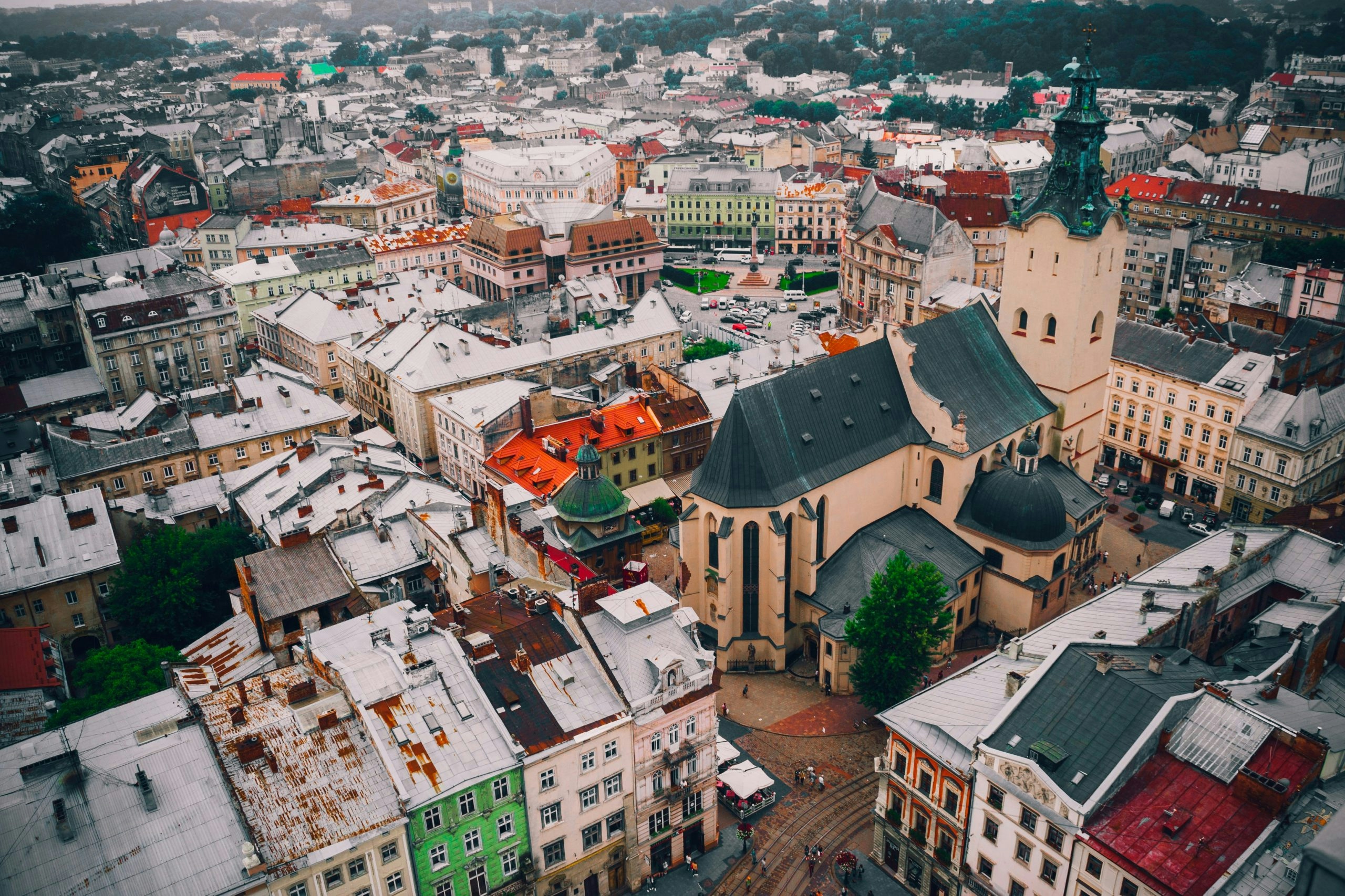 Aerial view of downtown Kyiv showcasing modern buildings and historic architecture