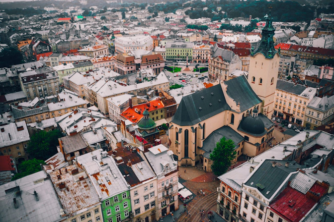 Aerial view of downtown Kyiv showcasing modern buildings and historic architecture