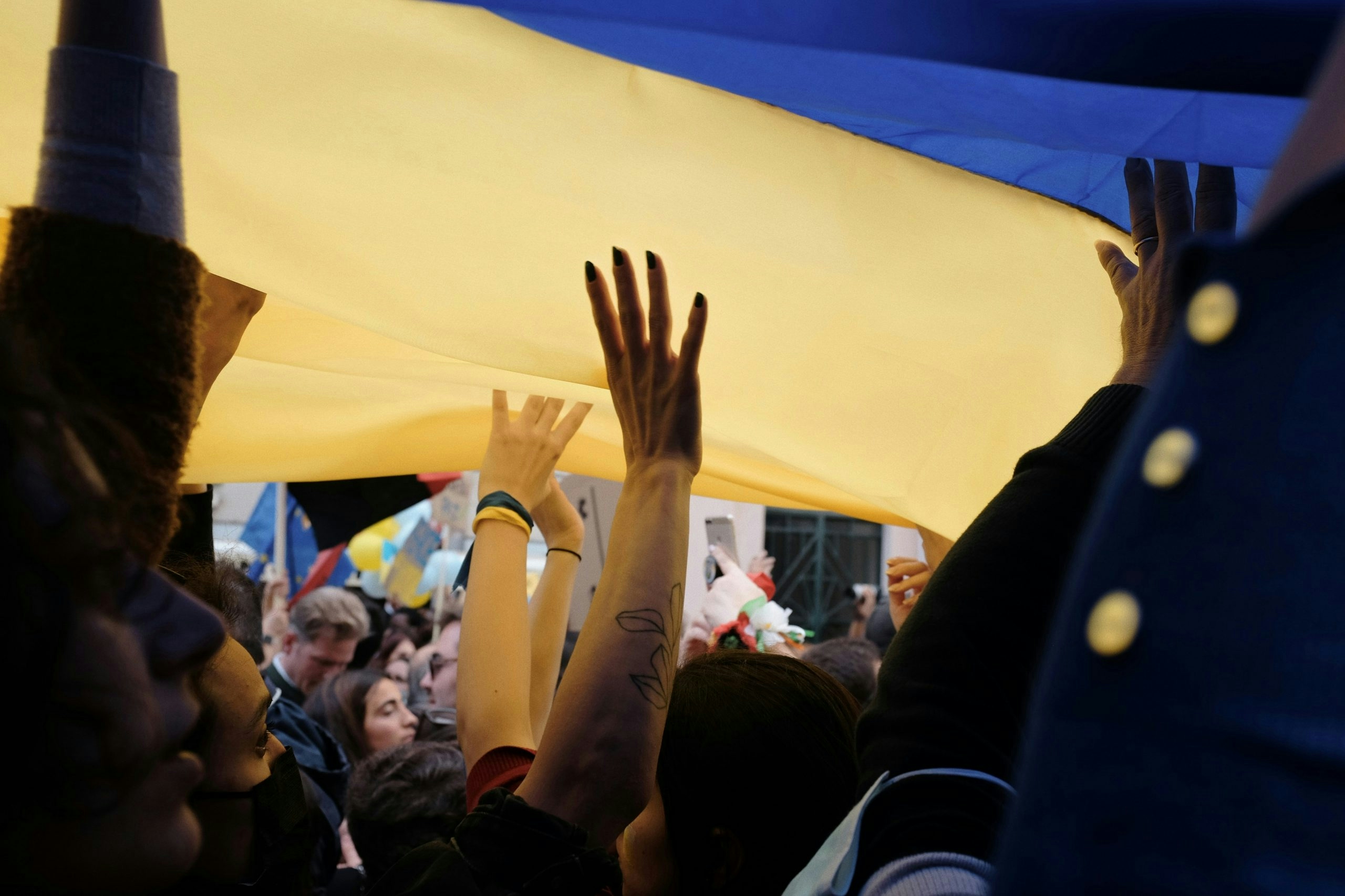 National flag of Ukraine displayed in a public square