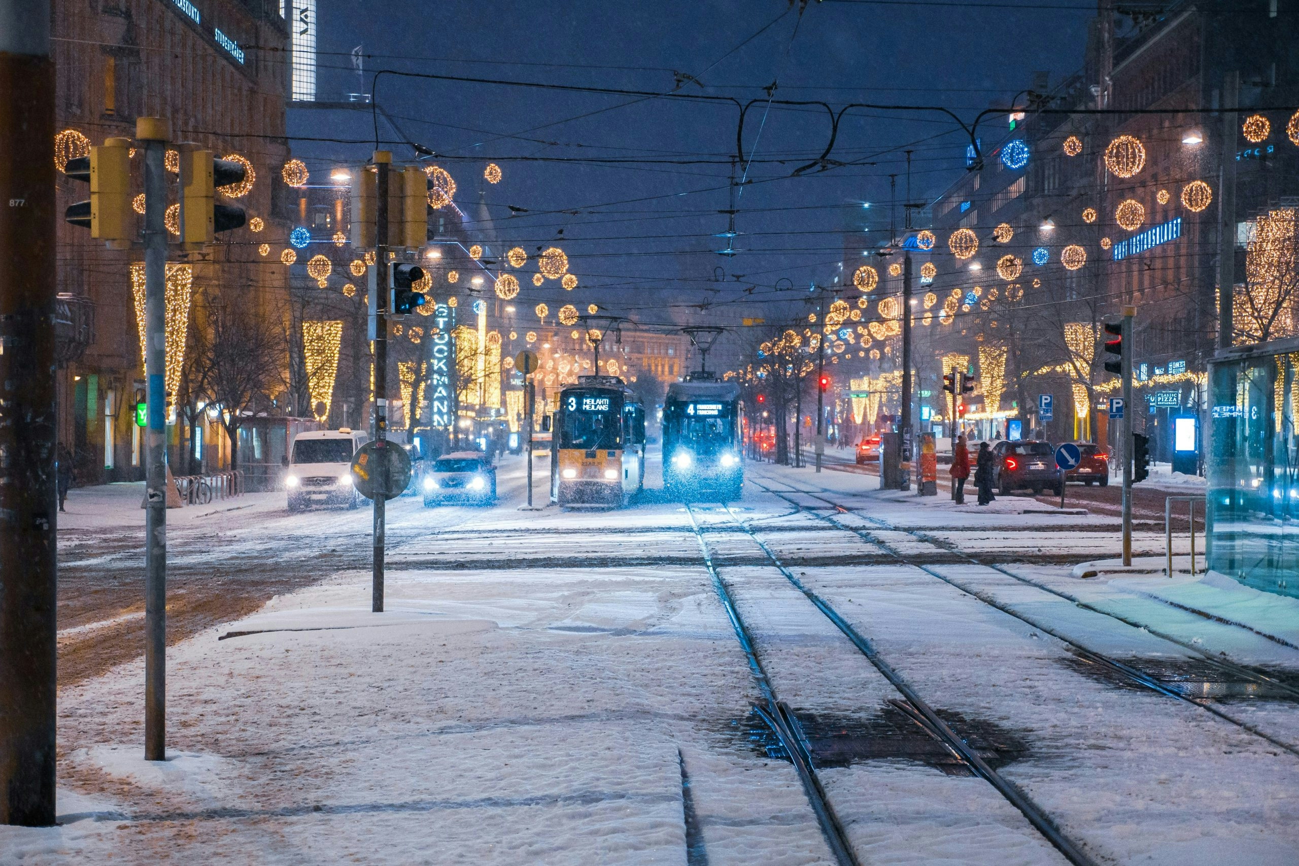 Historic Helsinki street blanketed in fresh snow