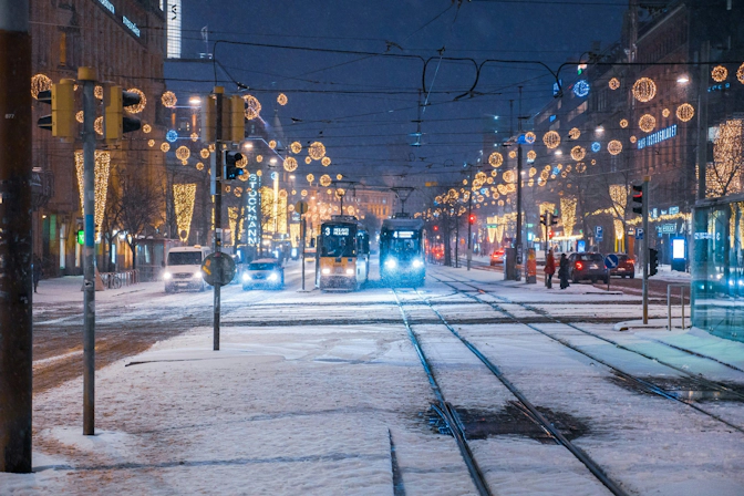 Historic Helsinki street blanketed in fresh snow