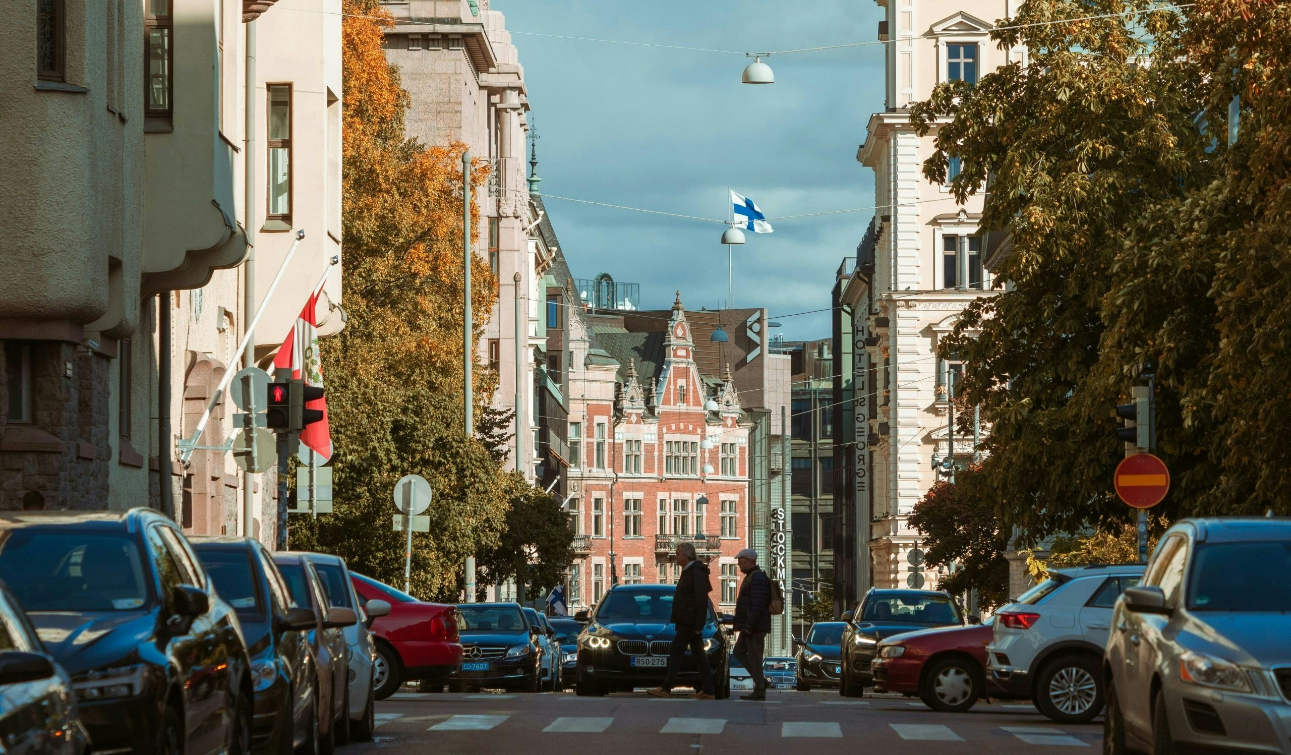 Modern shopping district in Helsinki with cafés and local businesses