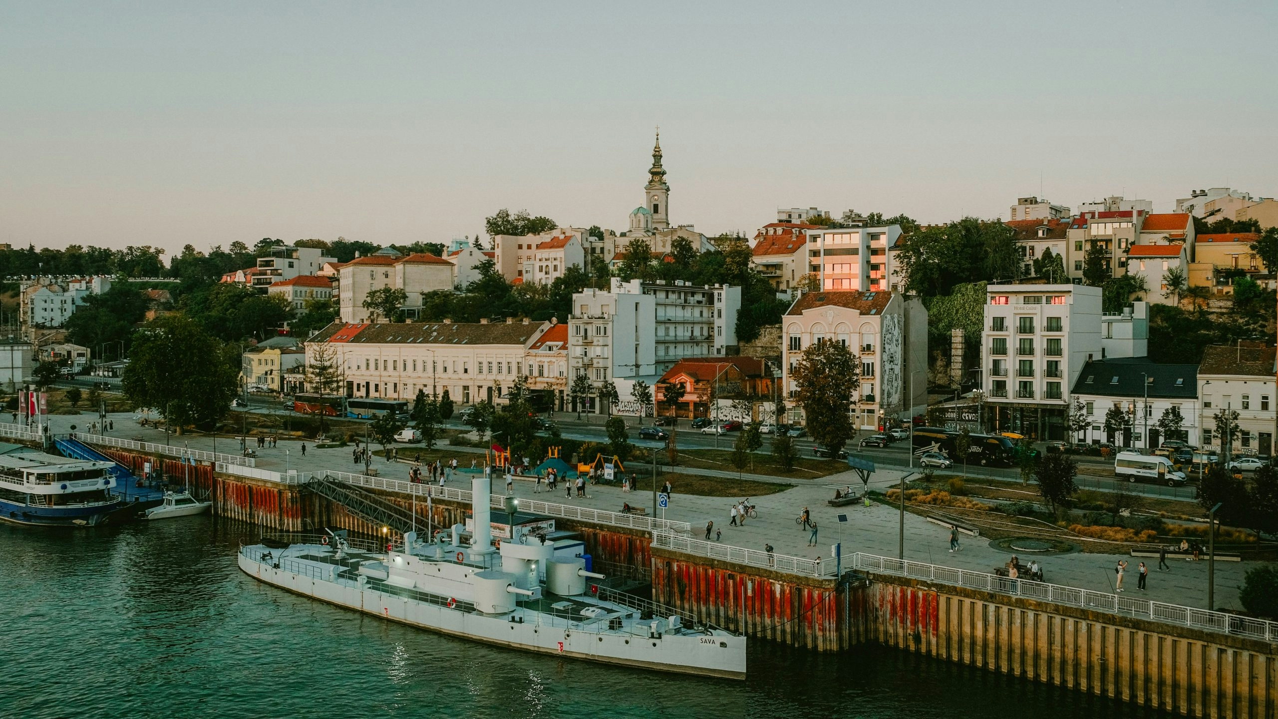 Aerial view of a major Serbian city showcasing urban life and architecture