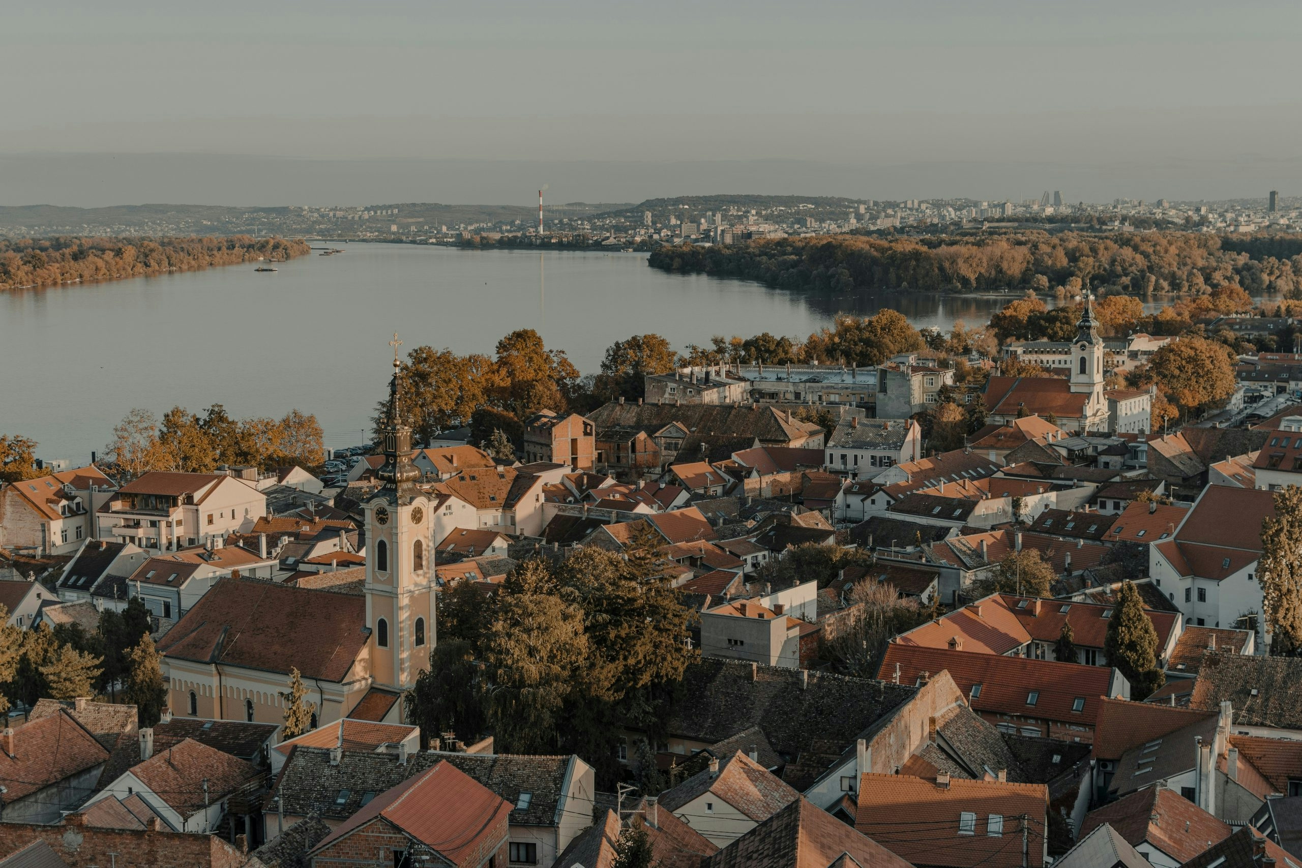 Serbian city skyline at sunset