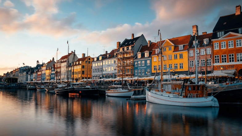 Historic buildings along a canal in Denmark
