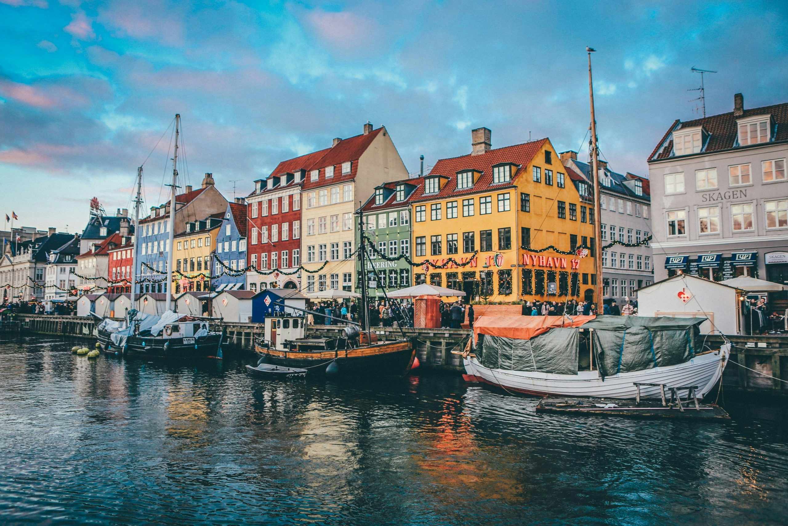 European-style architecture in Denmark under a clear blue sky