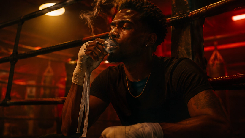 Boxer with hand wraps relaxing, smoke curling in dim gym environment