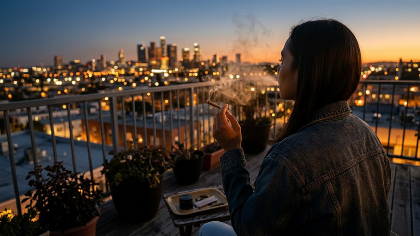 Over-shoulder view of individual lost in thought, rooftop evening glow