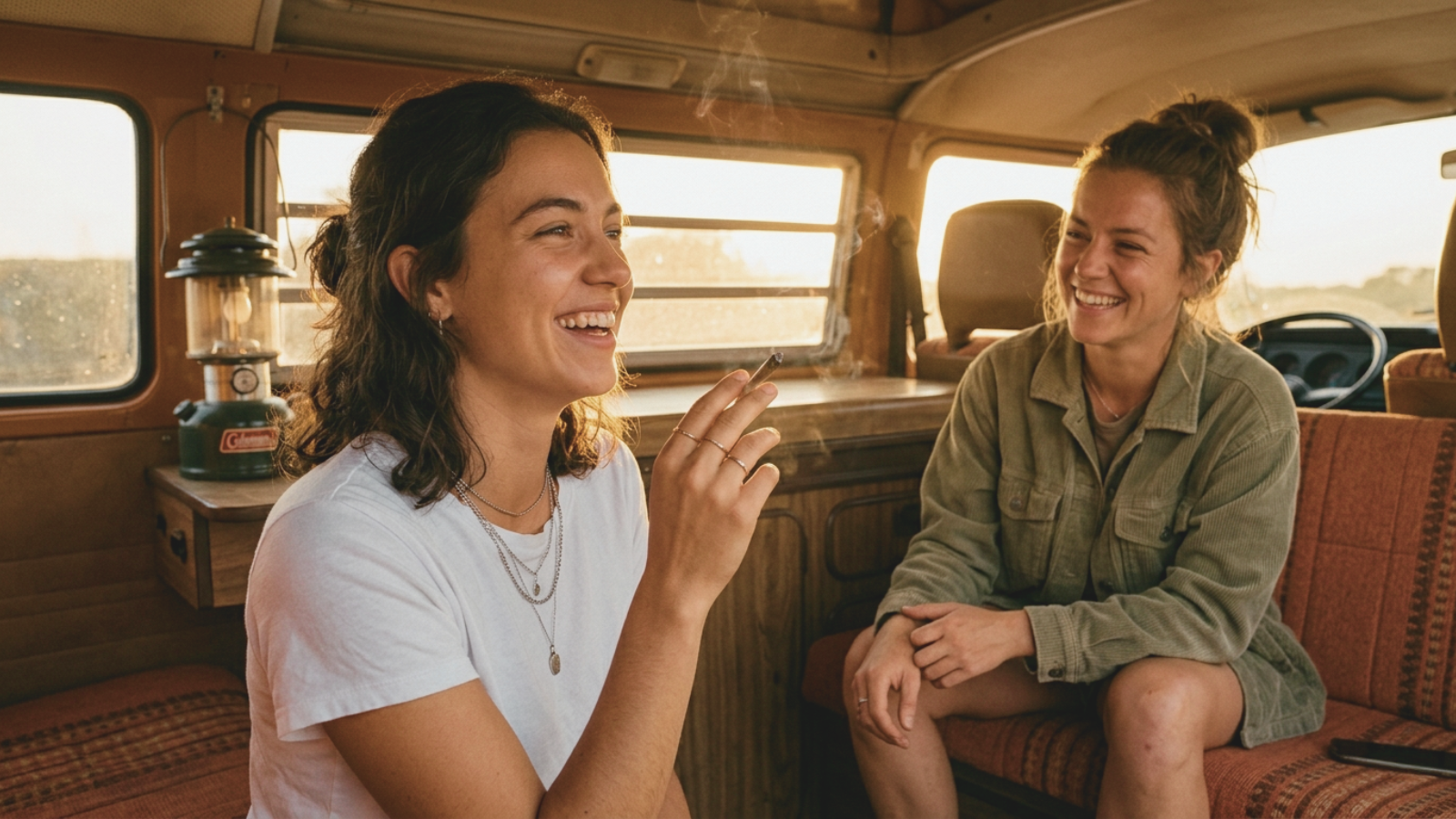 Two friends laughing inside vintage van, enjoying cannabis during golden hour
