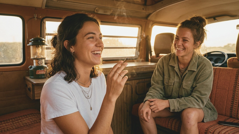 Two friends laughing inside vintage van, enjoying cannabis during golden hour
