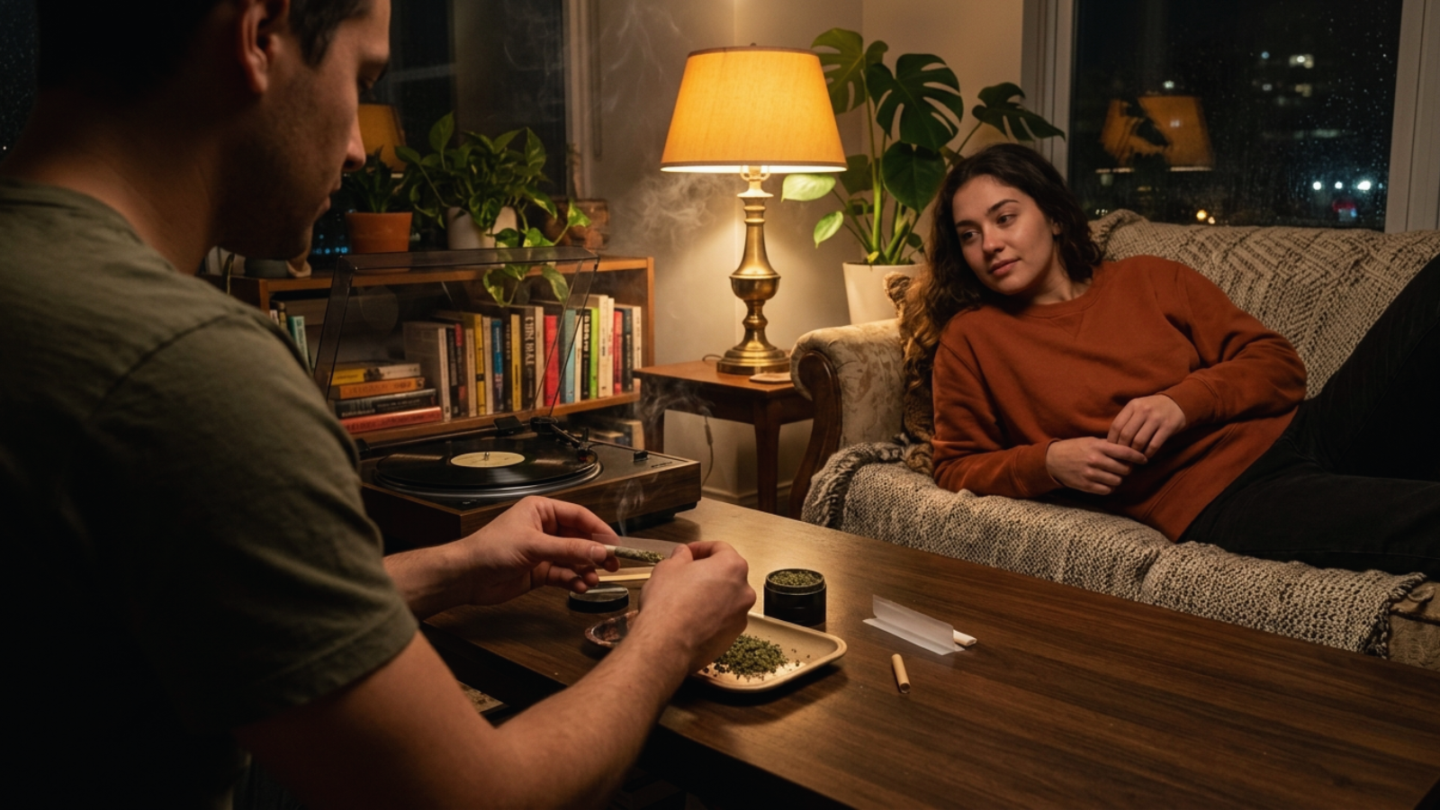Two friends rolling cannabis on coffee table in cozy apartment setting
