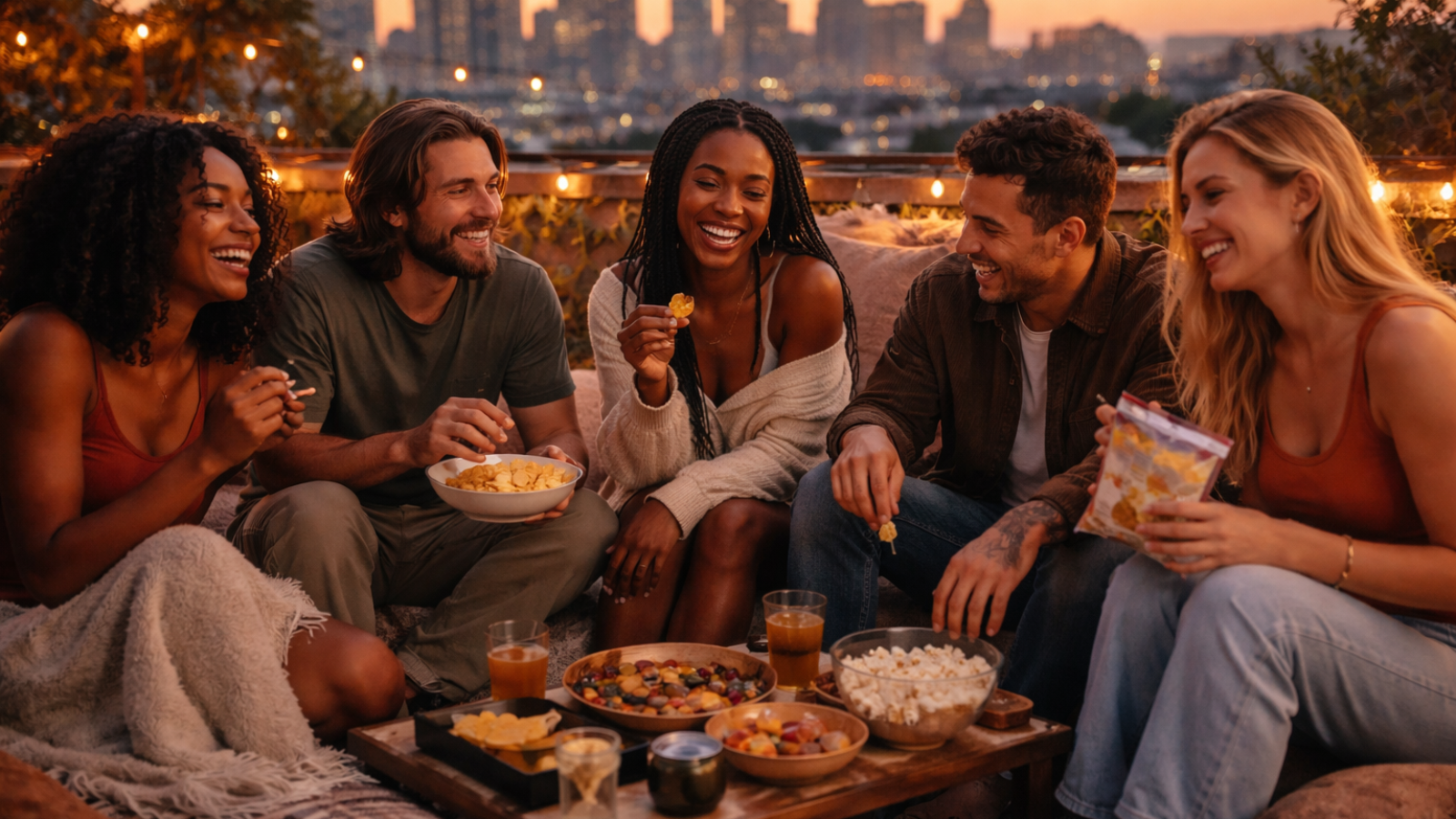 Five friends sharing snacks on rooftop at dusk, city skyline behind