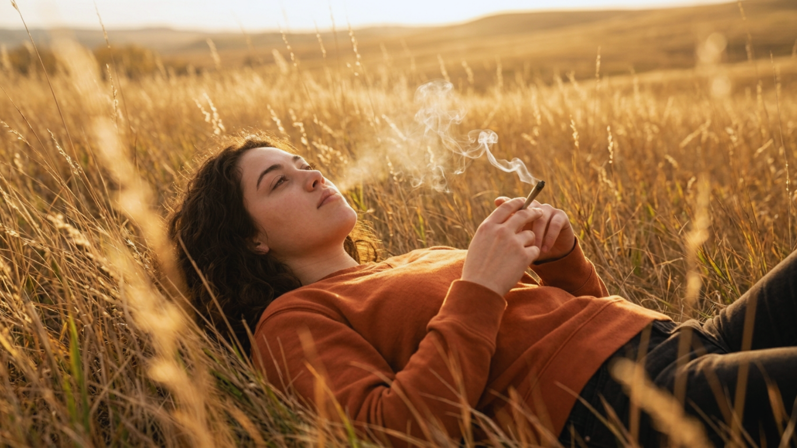 olo subject relaxing in golden field, cloud gazing with smoke nearby