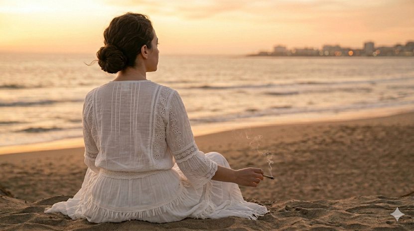 Solo person on beach at sunset holding cannabis joint, peaceful moment