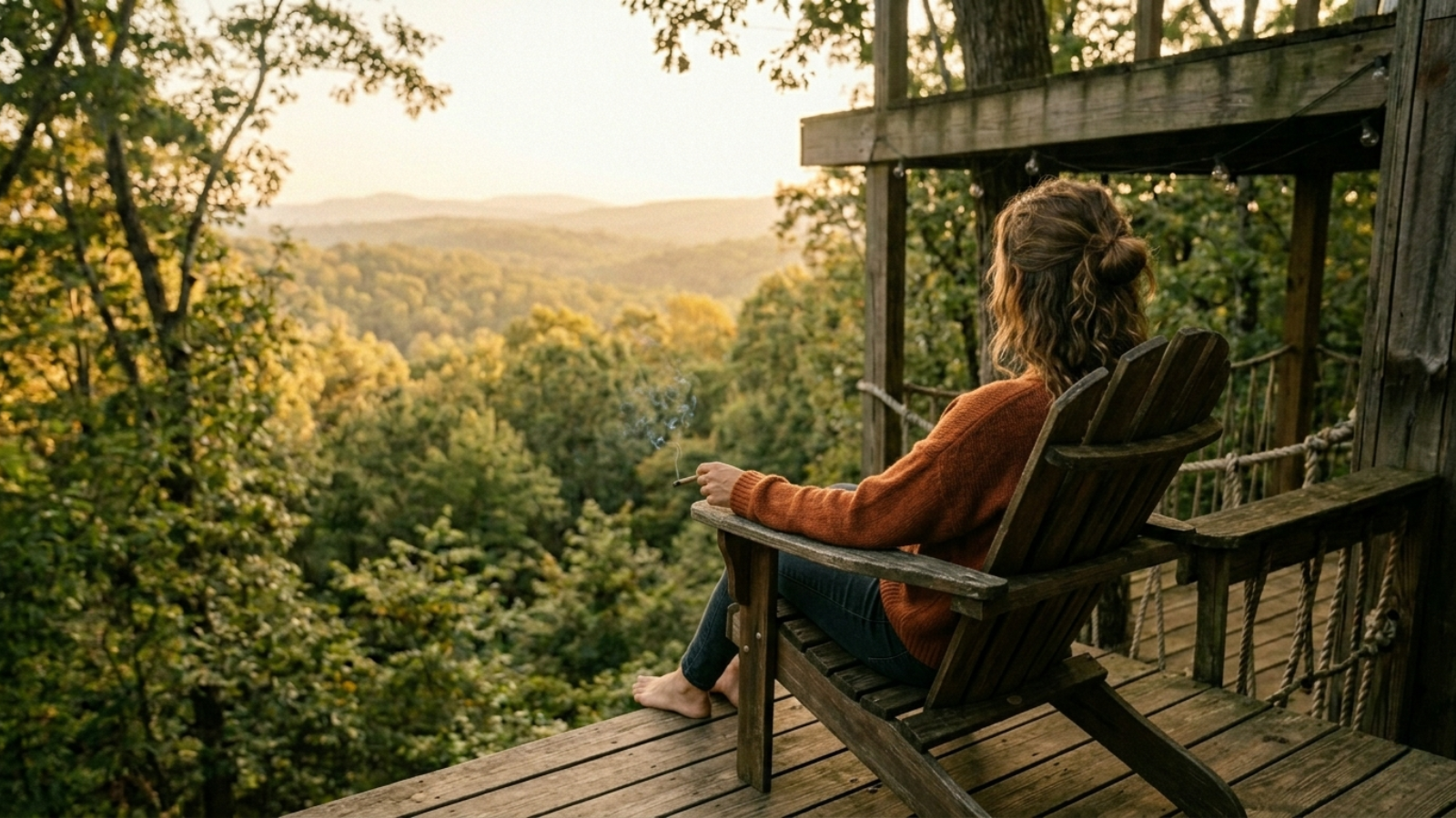 Person holding a joint on a wooden treehouse balcony overlooking a forest