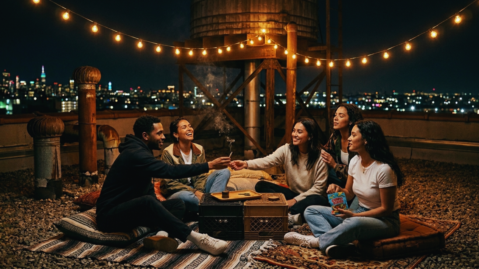 Friends sharing cannabis on a cozy city rooftop with warm string light