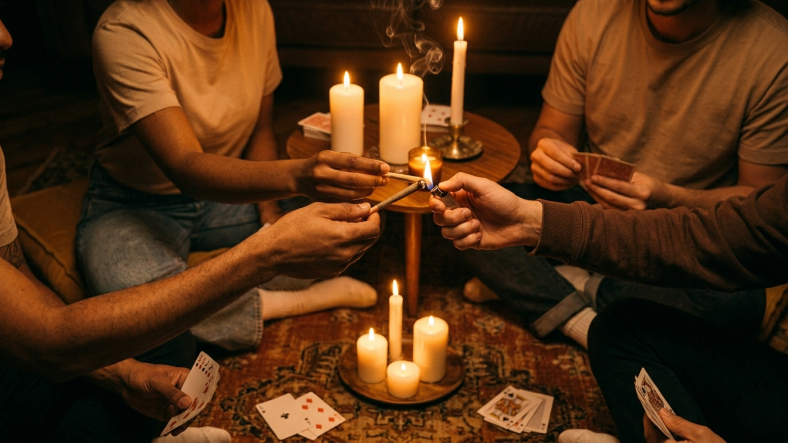 Four friends playing cards on the floor by warm candlelight during a power outage.