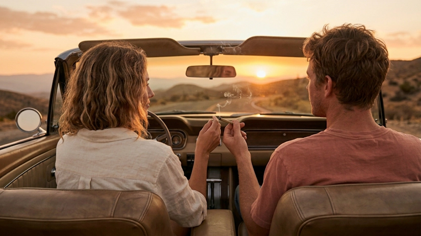 Couple in a convertible car passing a joint at sunset overlook