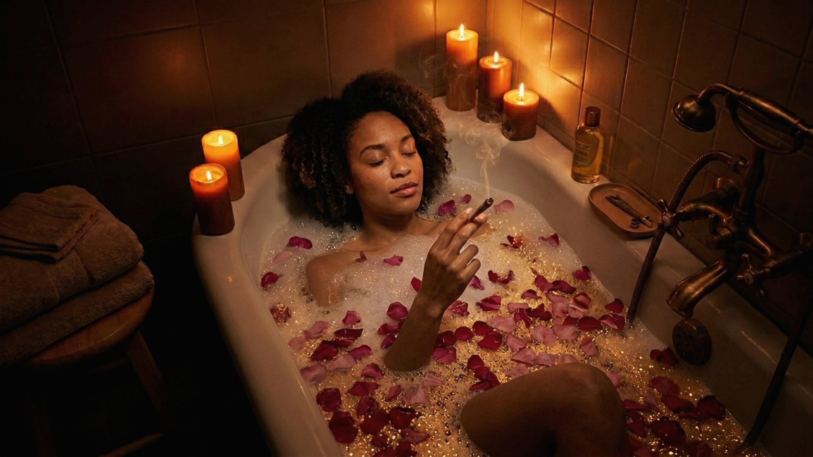 Woman relaxing in a candlelit bathtub while holding a cannabis joint