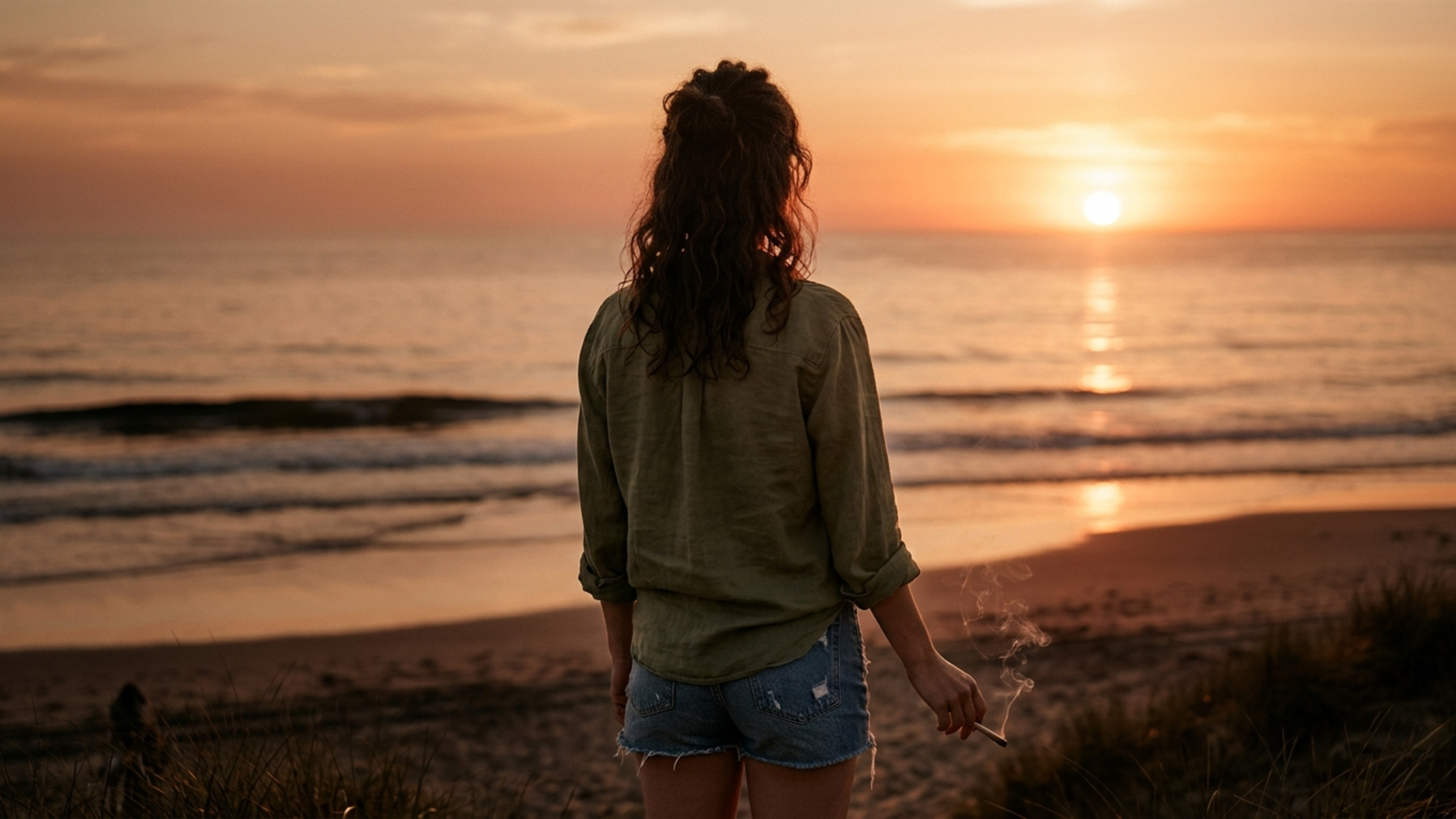 Person with joint watching the sun set over the ocean at the beach