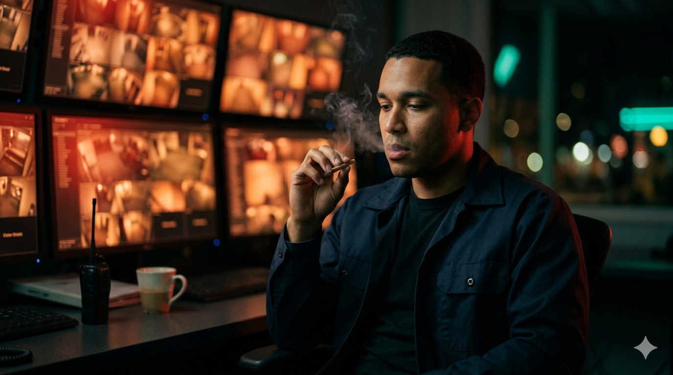 Guard in unbuttoned uniform smoking cannabis by a wall of screens.